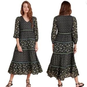 Anthropologie Karoline Tiered Black Floral Maxi Dress